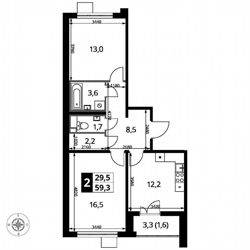 2-к. квартира, 59,3 м², 5/15 эт.