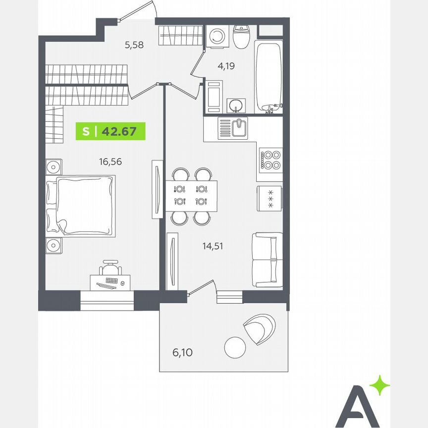 1-к. квартира, 42,7 м², 11/12 эт.