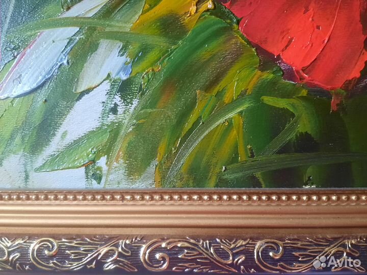 Картина маслом Красные Маки. 90 на 60 см в багете