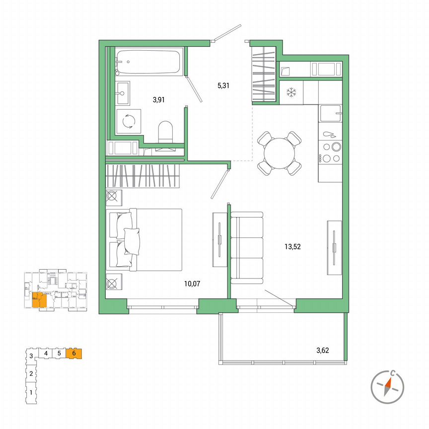 1-к. квартира, 33,9 м², 2/7 эт.