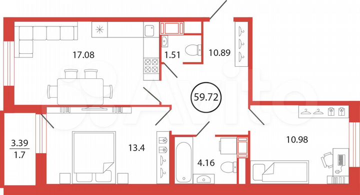 2-к. квартира, 59,7 м², 12/12 эт.