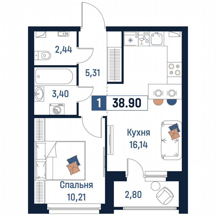 1-к. квартира, 38,9 м², 2/18 эт.