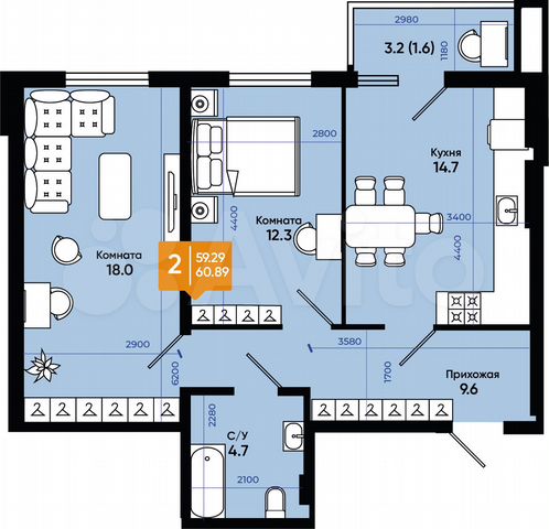 2-к. квартира, 60,9 м², 4/9 эт.