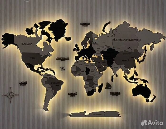 Карта мира из дерева пано на стену с подсветкой