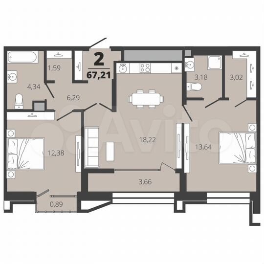 2-к. квартира, 67,2 м², 10/19 эт.