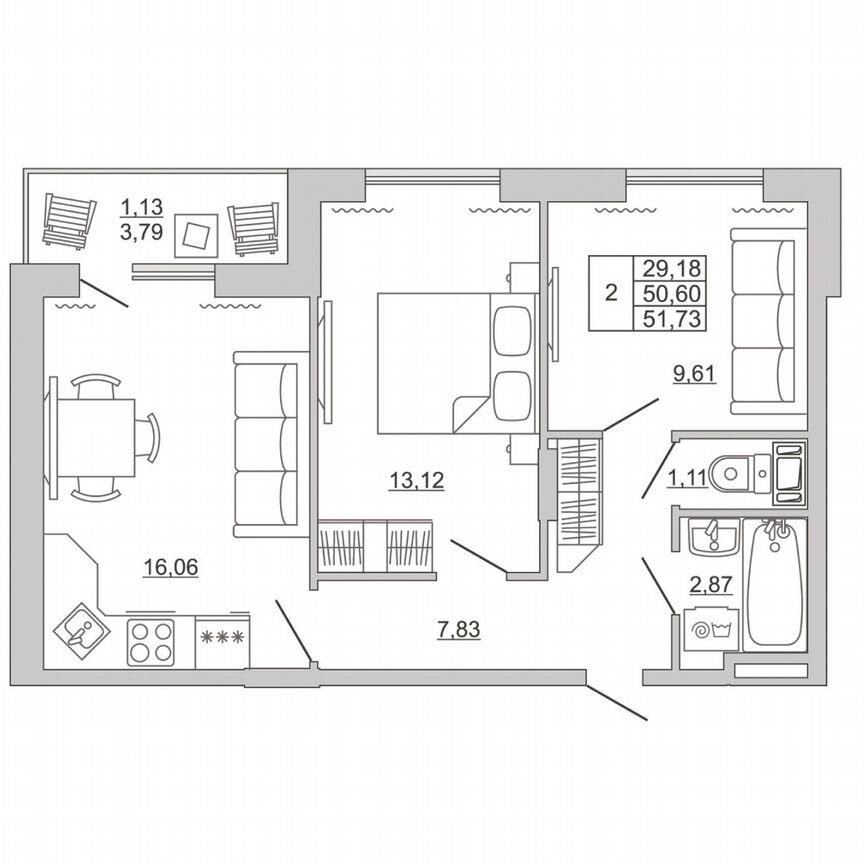 2-к. квартира, 51,7 м², 2/11 эт.