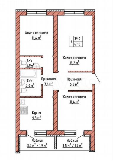 3-к. квартира, 67,8 м², 9/16 эт.