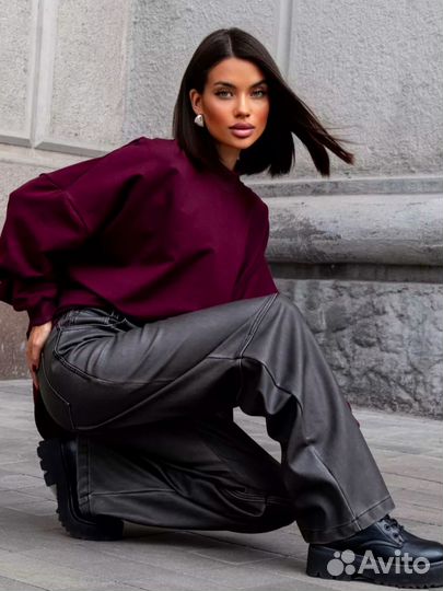 Брюки кожаные вареные палаццо