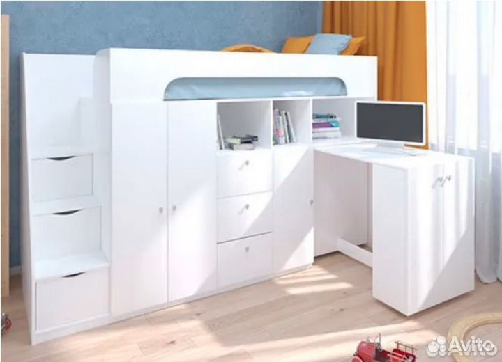 Кровать Чердак Со Столом и шкафом Дуб Молочный/Сон