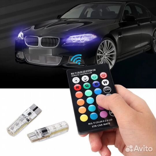 RGB LED лампы T10 меняющие цвета, пульт, 4Шт
