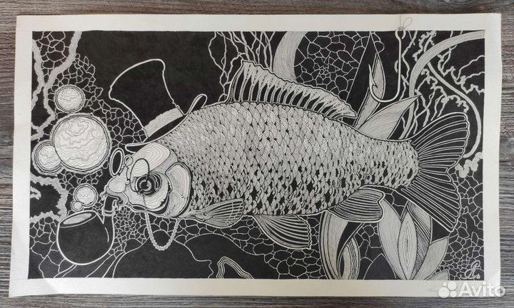 Картина, ручная графика, линер/бумага, 42х23см