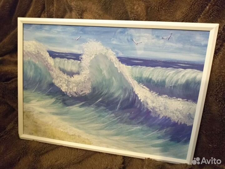 Картина акрилом, волны, в рамке