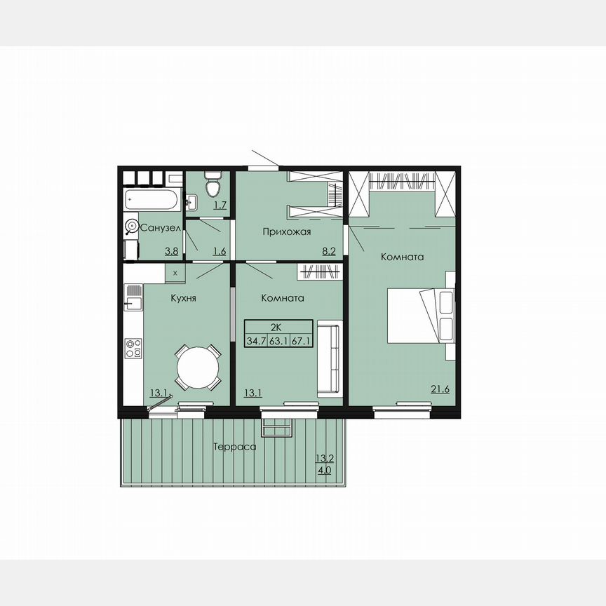 2-к. квартира, 67,1 м², 1/9 эт.