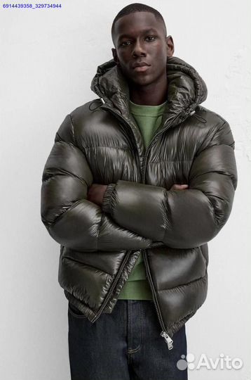 Пуховик Zara x Moncler Глянцевый Хаки (Арт.99537)