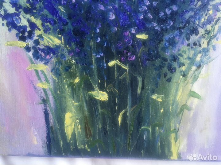 Картина маслом лаванда/ голубые цветы