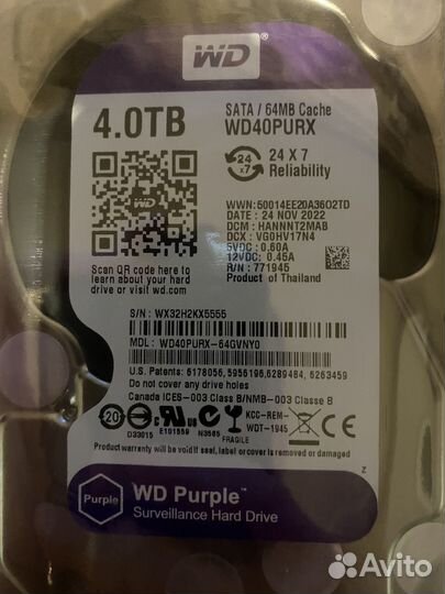 Жесткий диск 4 тб WD Purple для видеонаблюдения