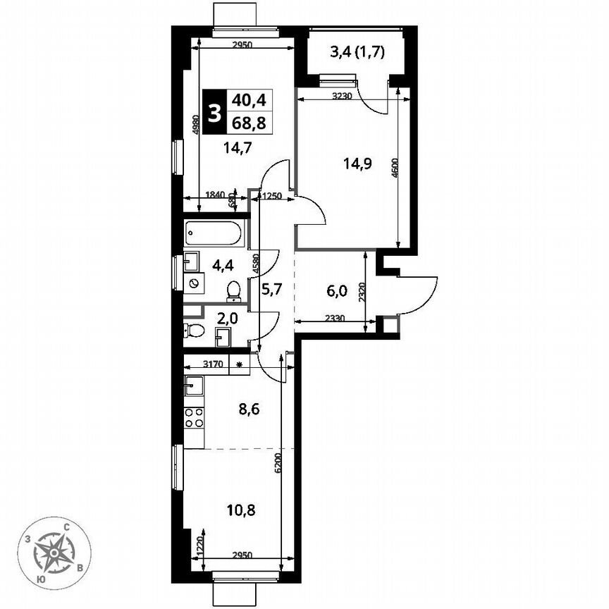 2-к. квартира, 68,8 м², 10/12 эт.
