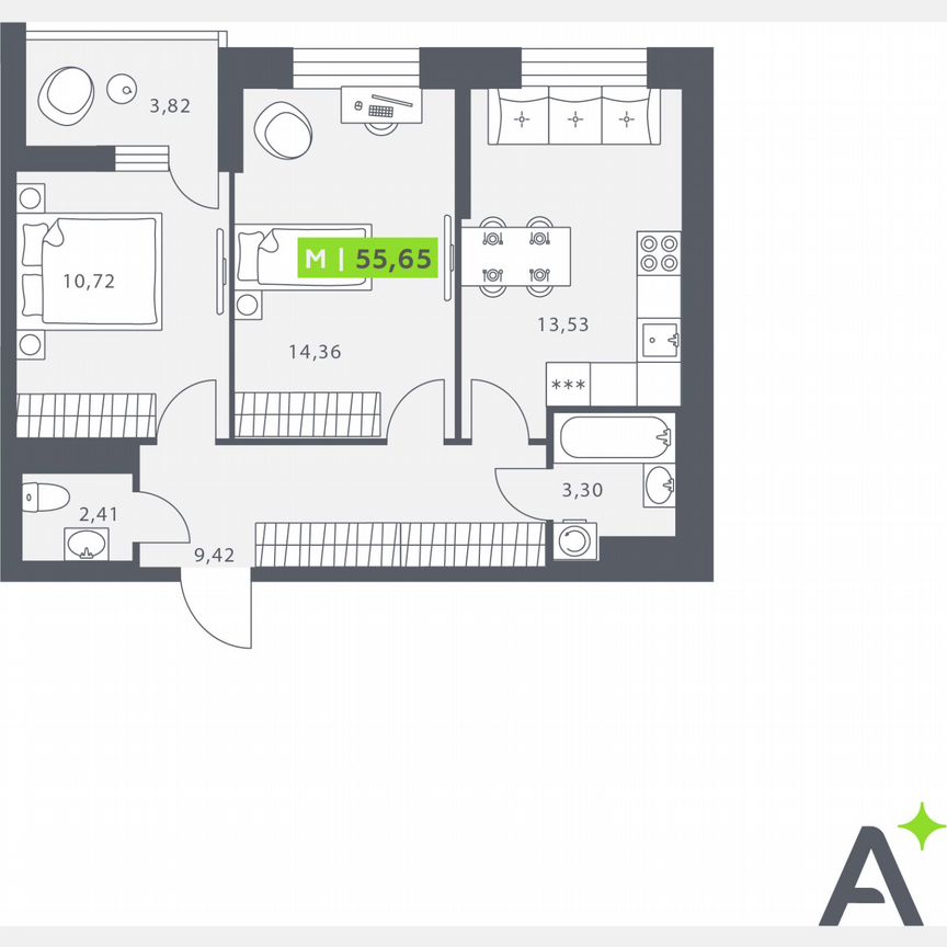 2-к. квартира, 55,7 м², 7/12 эт.