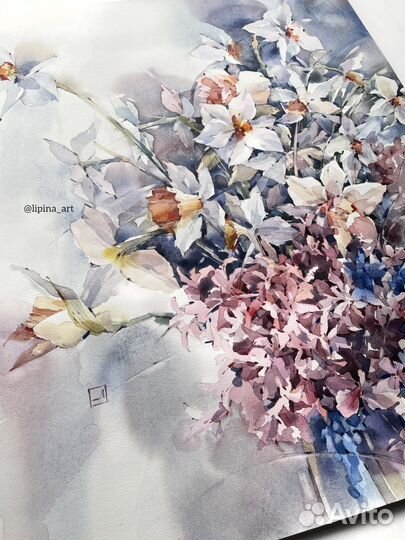 Картина большая акварель весенний букет живопись