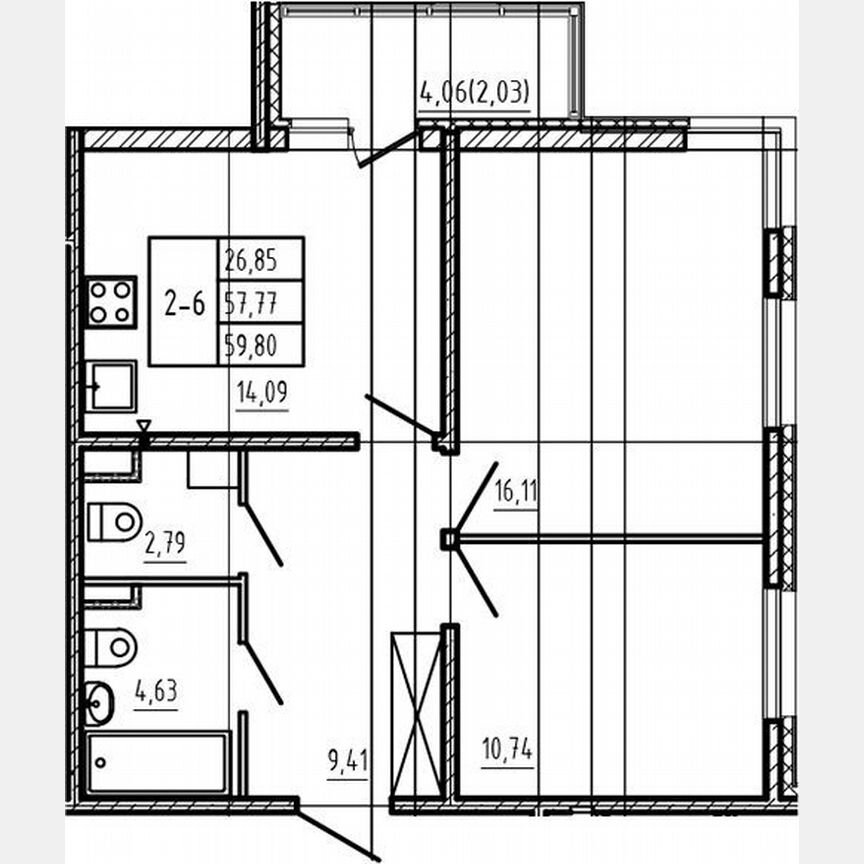 2-к. квартира, 57,8 м², 1/4 эт.