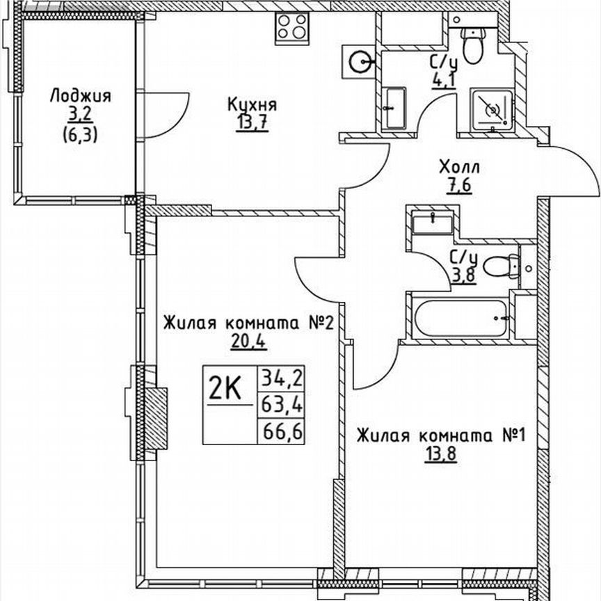 2-к. квартира, 63,4 м², 3/19 эт.