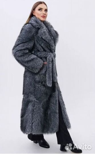 Шуба искусственная чернобурка длинная с поясом