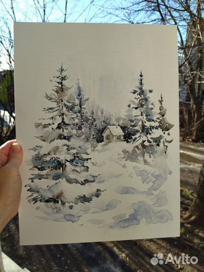 Картина зимняя сказка акварель холст