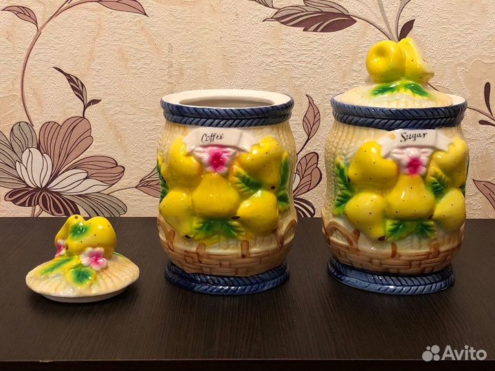 Баночки с крышками для сахара, чая. Керамика/ 2 шт