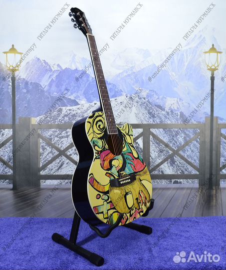 Акустическая гитара с принтом (новая) + аксессуары