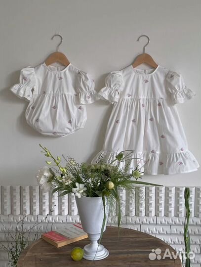 Новое летнее белое боди и платье с вышивкой 74-116