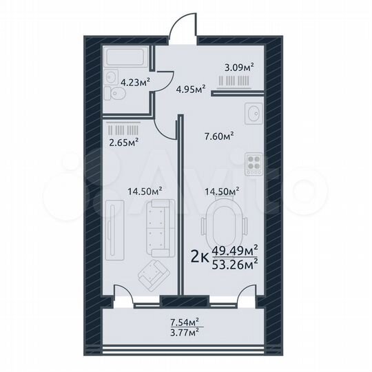 2-к. квартира, 53,3 м², 5/10 эт.
