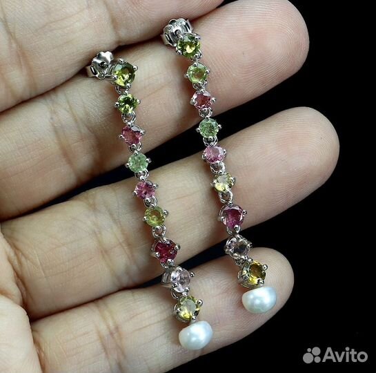 Серебряные серьги с турмалинами и жемчугом
