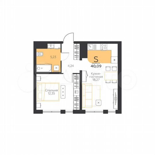 1-к. квартира, 40,1 м², 3/5 эт.