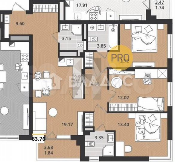 3-к. квартира, 83,9 м², 2/4 эт.