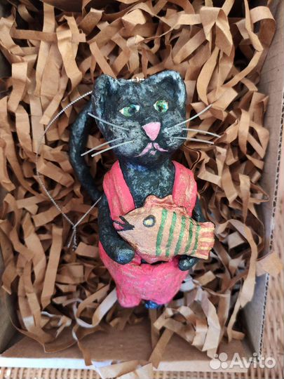 Ватная новогодняя игрушка котик 16см