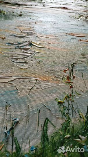 Картина маслом пейзаж Закат рассвет рыбалка