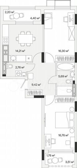 2-к. квартира, 69,1 м², 6/7 эт.