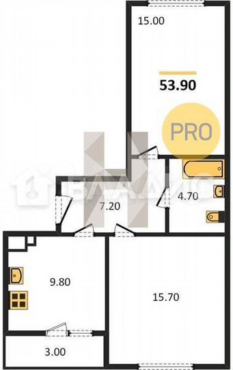 2-к. квартира, 53,9 м², 1/9 эт.