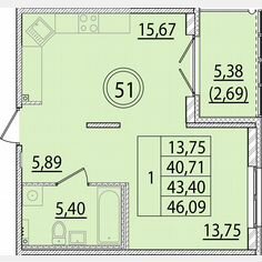 1-к. квартира, 40,7 м², 1/4 эт.