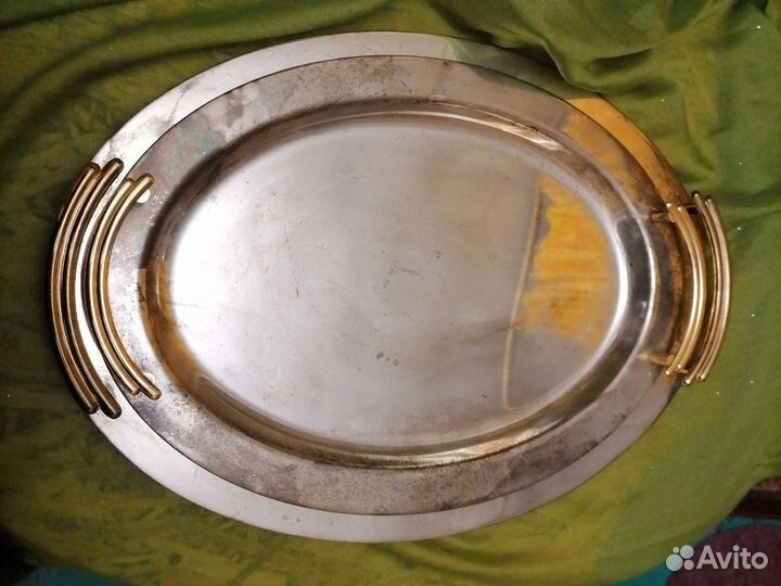 Поднос овальные серебрение с золочеными ручками