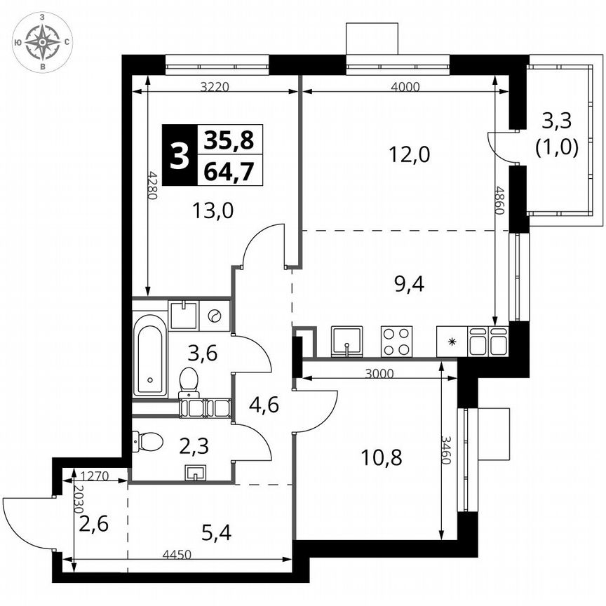 3-к. квартира, 64,7 м², 18/25 эт.