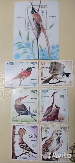 Марки+блок Кампучия серия птицы 1987 г