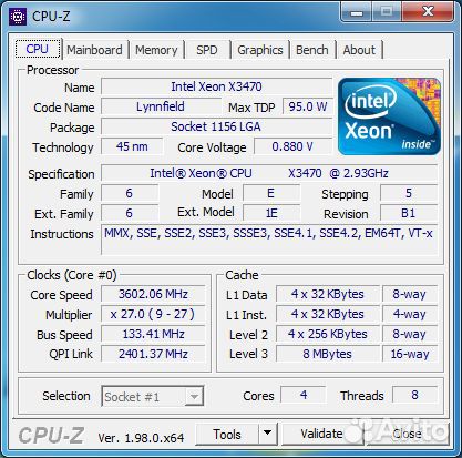 1156 Intel Xeon X3470 / 8 потоков до 3.6ghz
