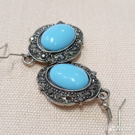 Серьги Серёжки Голубой Камень Мельхиор СССР Винтаж