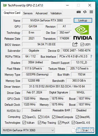 Видеокарта gigabyte GeForce RTX 3060 gaming OC 12g