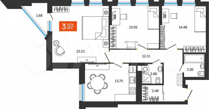 3-к. квартира, 89,1 м², 14/25 эт.