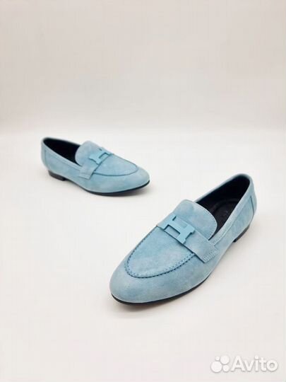 Женские лоферы Hermes голубые замшевые