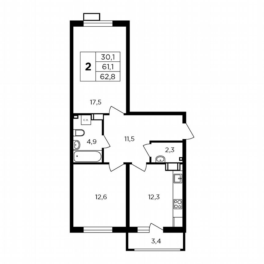 2-к. квартира, 64 м², 9/9 эт.