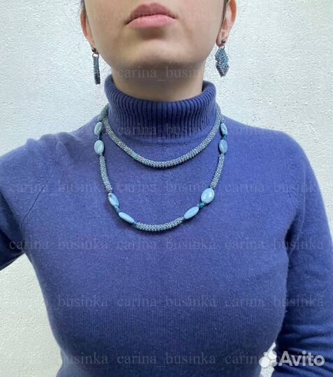 Синий комплект колье серьги ожерелье длинное