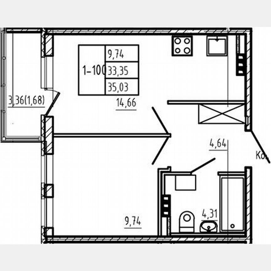 1-к. квартира, 33,1 м², 4/4 эт.